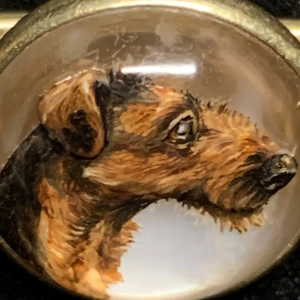 Antique 14K Gold Essex Crystal Airedale Terrier Dog Reverse Intaglio Bar Pin